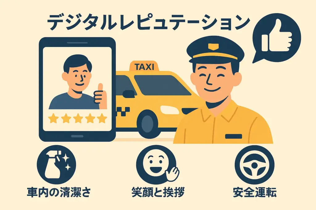 配車アプリで高評価を得るための接客術を表すフラットデザイン画像|清潔な車内・笑顔の挨拶・安全運転・デジタルレピュテーション