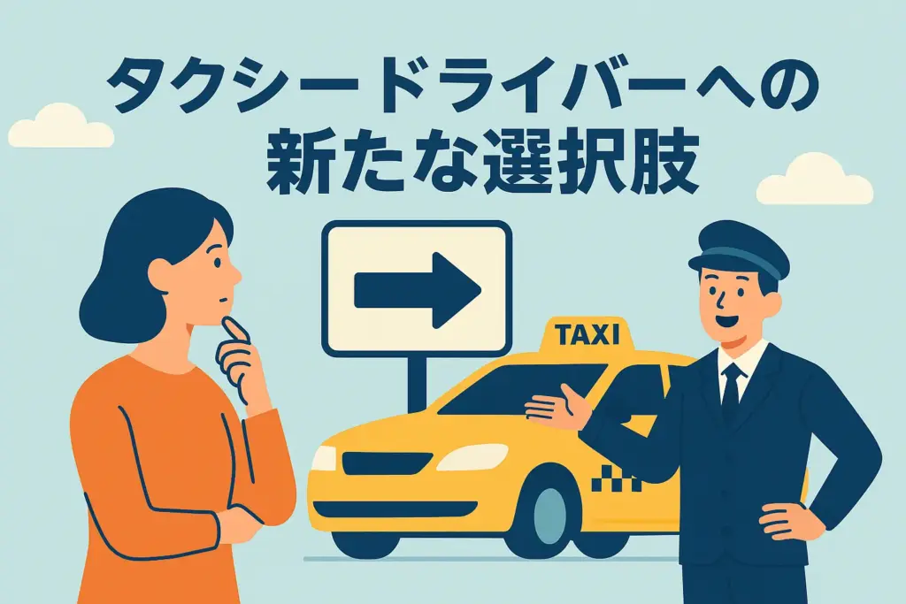 タクシードライバーへの転職を考える女性と、案内する現役ドライバーのフラットデザインイラスト（新しいキャリアの選択肢）