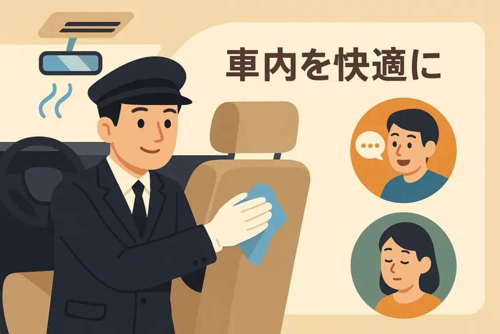 タクシードライバーが車内を清掃し、会話を楽しむお客様や静かに過ごしたいお客様に合わせて柔軟に接客する様子を描いたフラットデザインイラスト