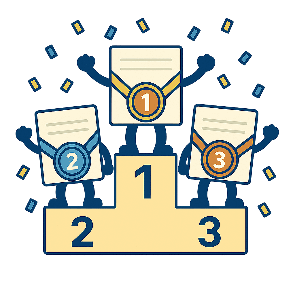ランキング表彰を表すフラットデザインイラスト｜1位2位3位の表彰台に立つ証書キャラクターとメダル