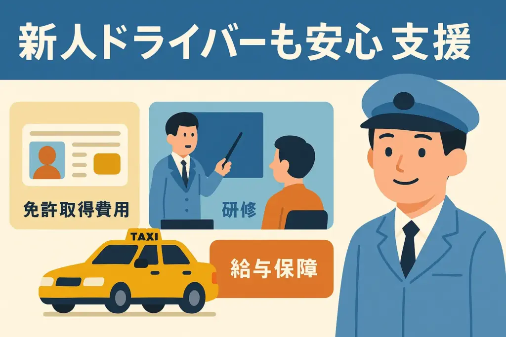 新人タクシードライバー向け支援制度を示すフラットデザインイラスト(免許取得費用補助・研修・給与保証)