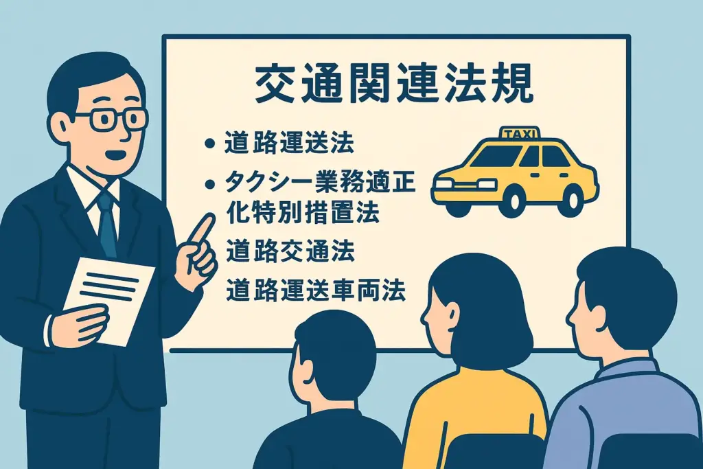 タクシー運転手向け交通関連法規の社外研修風景のイラスト(道路運送法・タクシー業務適正化特別措置法・道路交通法・道路運送車両法)