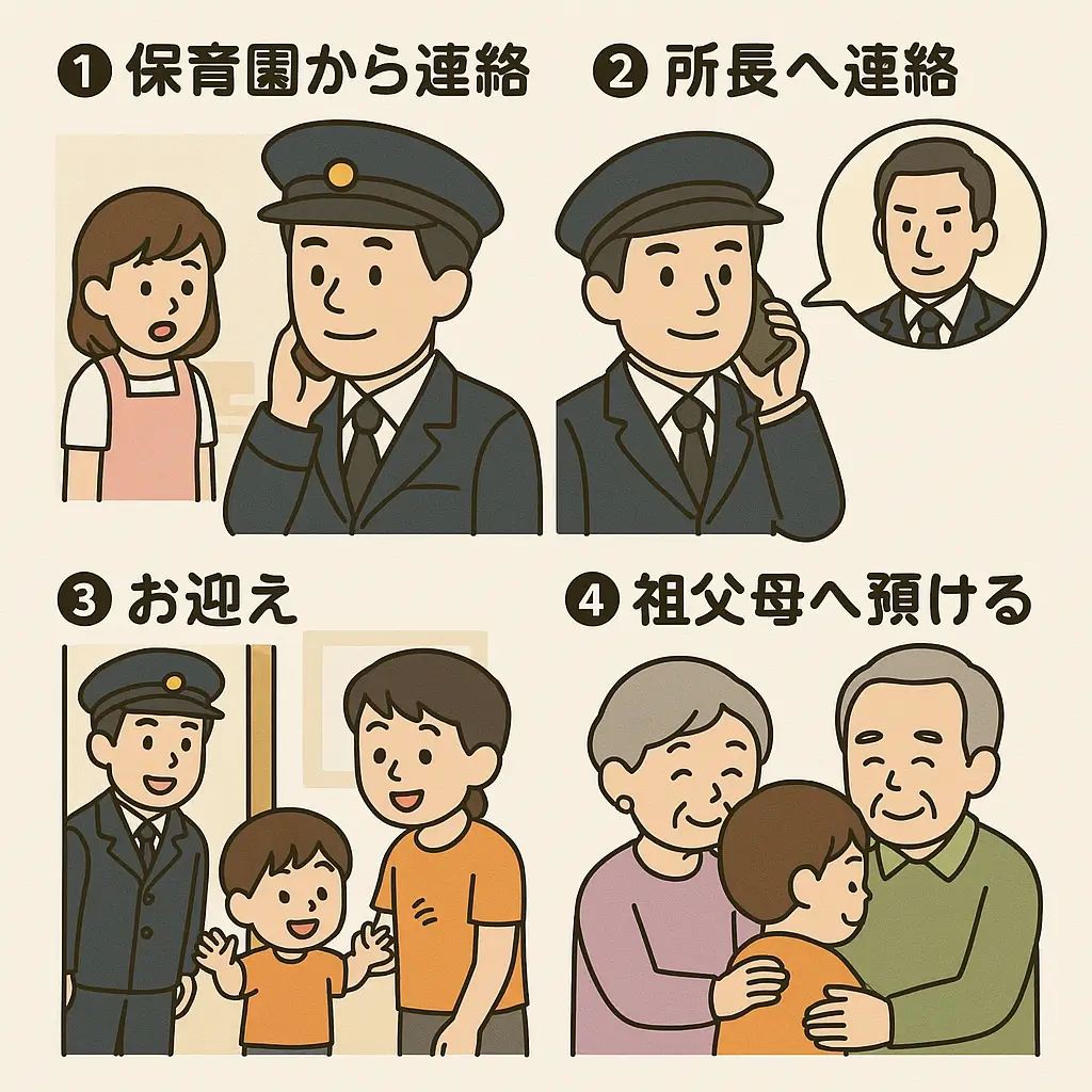 保育園からの連絡を受けたタクシードライバーの親が所長へ報告し、お迎え後に祖父母へ子どもを預ける流れを説明する図解イラスト