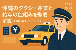 沖縄のタクシー運賃と給与の仕組みを解説する記事用アイキャッチ。黄色いタクシーと制服姿のドライバーのフラットデザインイラスト。
