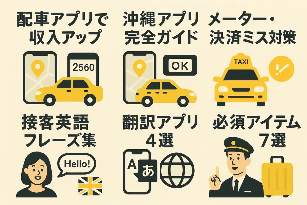 タクシードライバー必見の6記事まとめ|配車アプリ活用・沖縄アプリ完全ガイド・メーター決済ミス対策・接客英語フレーズ集・翻訳アプリ比較・必須アイテム7選を紹介する横長インフォグラフィック