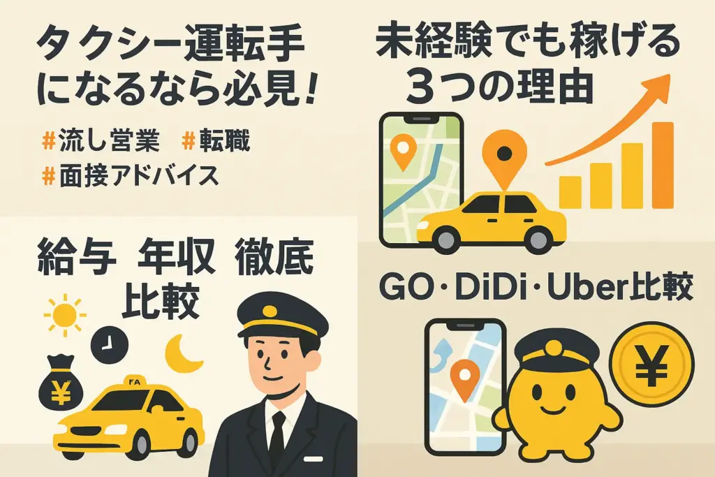 タクシードライバー転職の疑問解消から収入比較、配車アプリの活用法、昼日勤・夜勤・隔日勤務の働き方までを一枚で表現したフラットデザインのイラスト