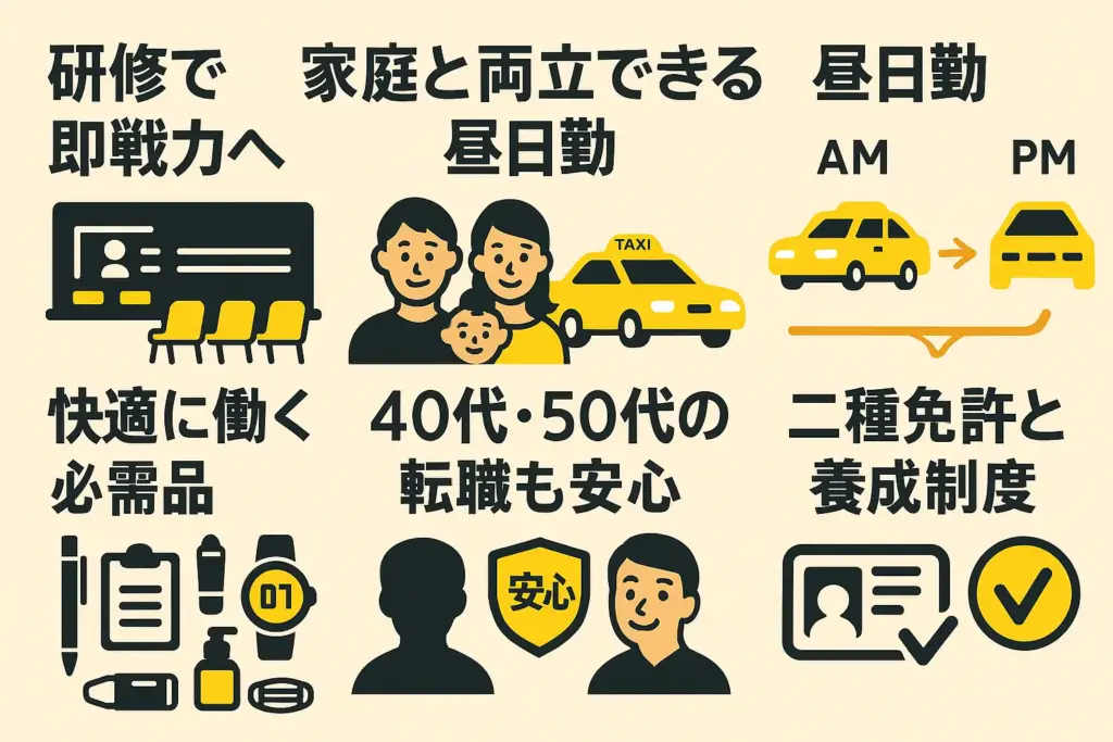 タクシードライバー転職ガイドを6つのテーマで解説する横長インフォグラフィック。研修による即戦力化、家庭と両立できる昼日勤、ドライバーの1日の流れ、現役必携アイテム7選、40代・50代の転職安心ポイント、二種免許と養成制度をイラストでわかりやすく表現。