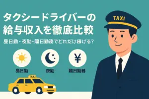 タクシードライバーの給与収入を徹底比較するアイキャッチ画像。昼日勤・夜勤・隔日勤務の違いを、太陽・月・円マークのアイコンと黄色いタクシー、ドライバーのイラストで表現したフラットデザイン