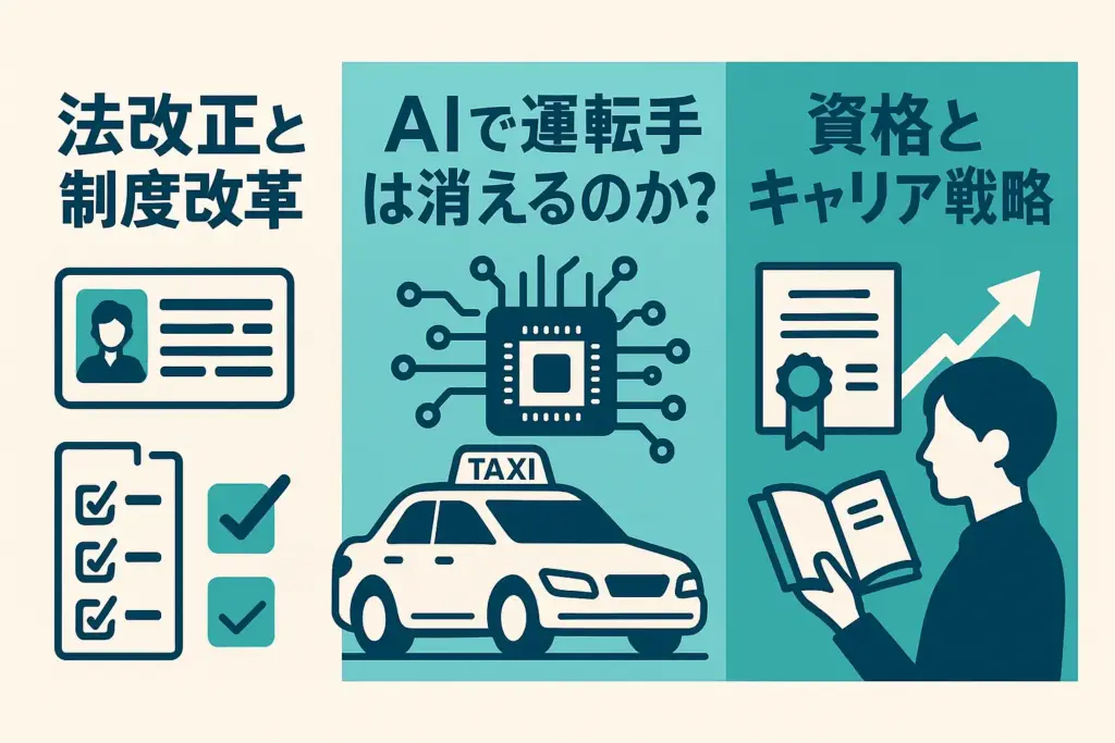 タクシー業界の2025年法改正と自動運転時代のキャリア戦略を示すフラットデザインのイラスト|法改正の影響・AI活用・資格取得・未来の働き方