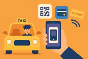 タクシードライバーがスマホ決済やQRコード決済を案内している様子を描いたフラットデザインのイラスト。キャッシュレス対応で売上アップを目指す現役ドライバー向けガイド用アイキャッチ。