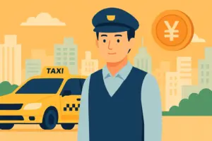 タクシードライバーが夕暮れの街で働く様子を描いたフラットデザインのアイキャッチ画像。円マークが背景にあり、稼げる将来性や収入の象徴を表現。